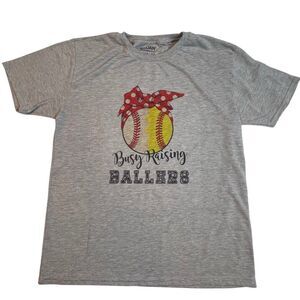 Gilden T Shirt Womens Large Gray Raising Ballers Moms Preppy Baseball Sport Top